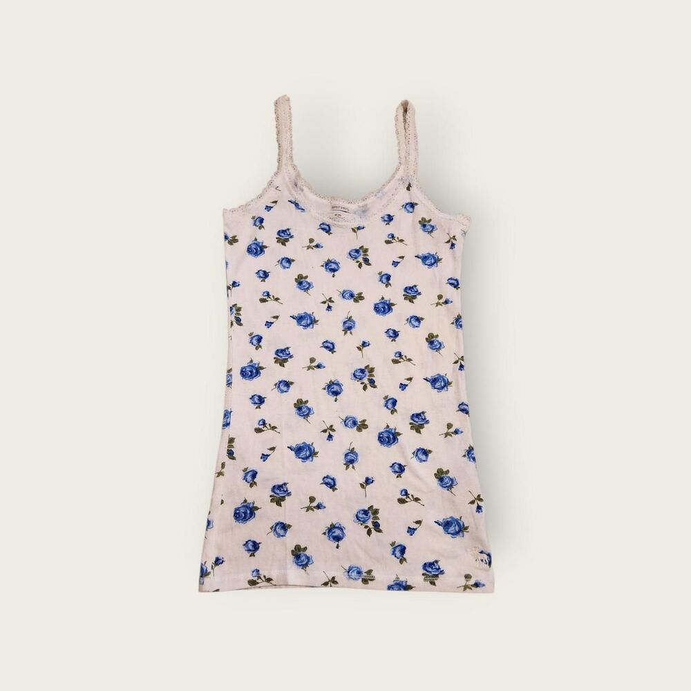 Vtg Abercrombie and Fitch blue and white dainty floral print long and lean tank